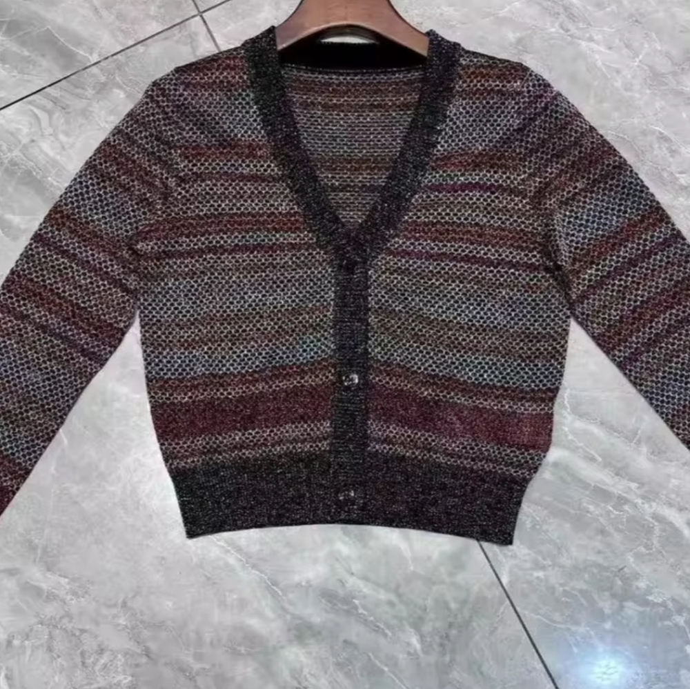 Women's Striped Knitted Cardigan V-Neck Long SleeveSingle Breasted Vintage - Picture 2 of 7